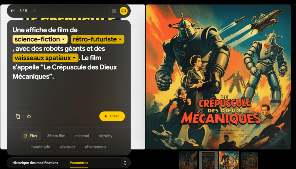 Une affiche de film de science-fiction rétro-futuriste, avec des robots géants et des vaisseaux spatiaux. Le film s’appelle “Le Crépuscule des Dieux Mécaniques”.