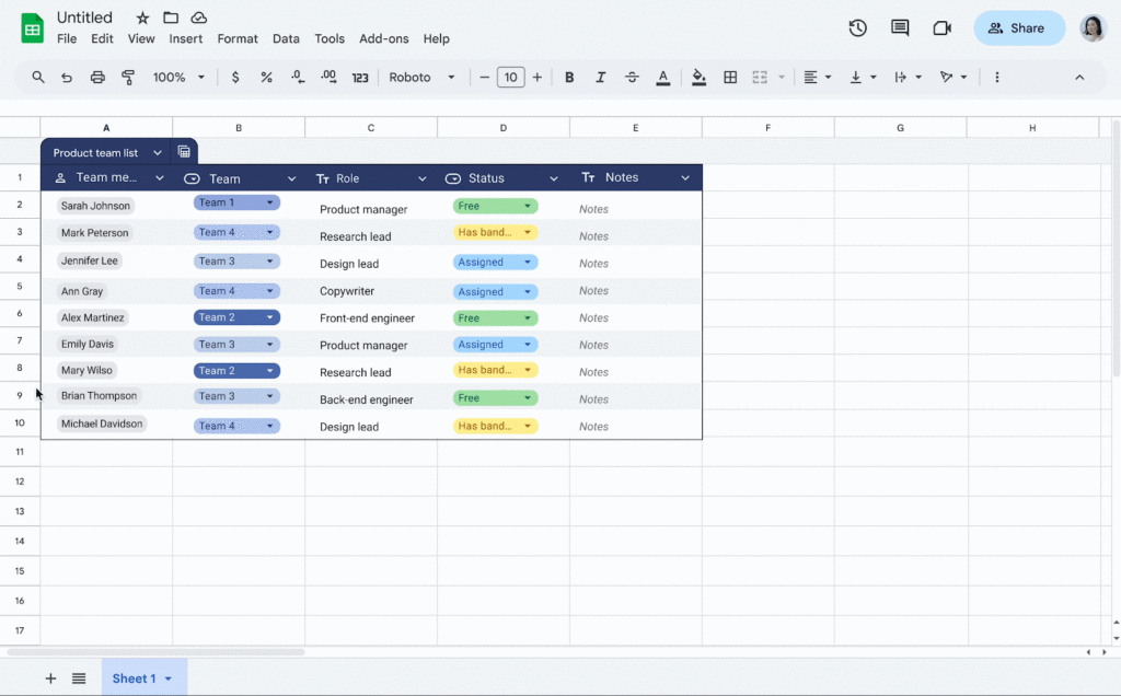 Ajout de lignes et colonnes dans un tableau Google Sheets