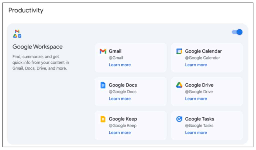 Gemini : extensions Google Workspace