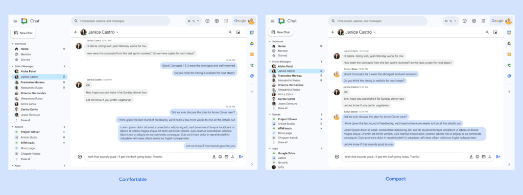 Google Chat : les paramètres de densité