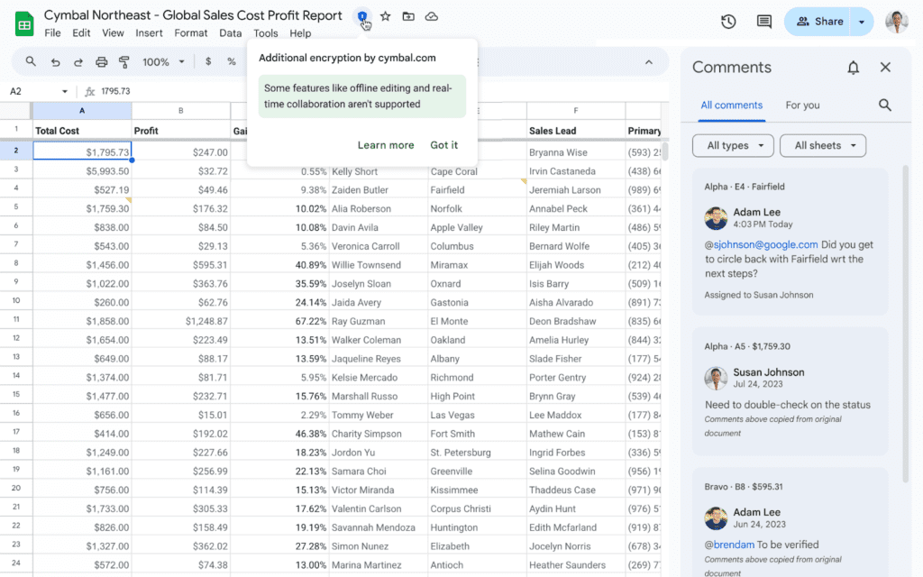 Google Sheets : les commentaires et les éléments d'action sont désormais disponibles pour les feuilles chiffrées côté client