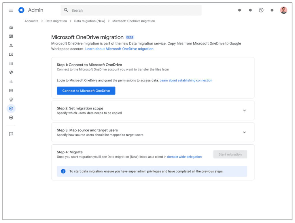 Console d'administration > Données > Importation et exportation de données > Migration de données > Accéder à la migration de données > Microsoft OneDrive