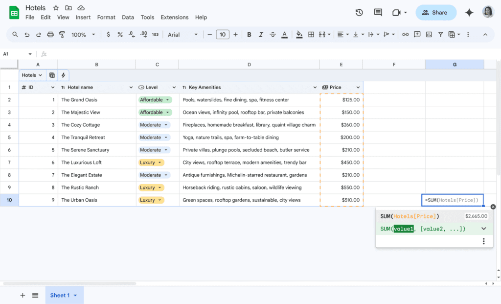 Suggestion de formules dans google sheets