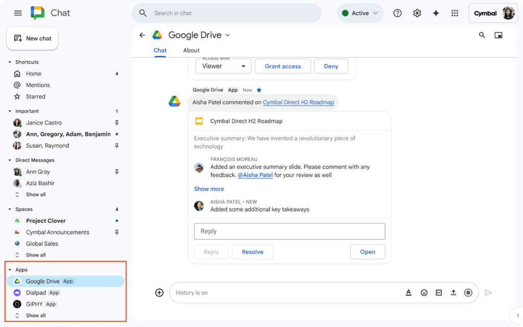 Liste des applications installées dans Google Chat