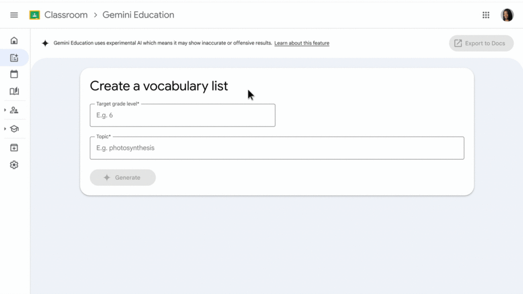 Google Classroom : utiliser Gemini pour créer une liste de vocabulaires.