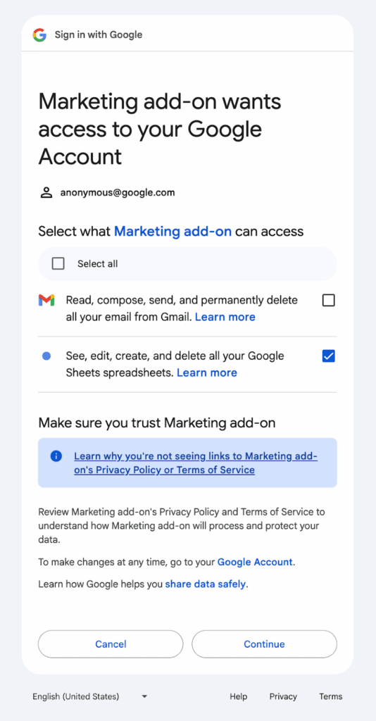 Google Workspace : Consentement OAuth granulaire dans les modules complémentaires HTTP