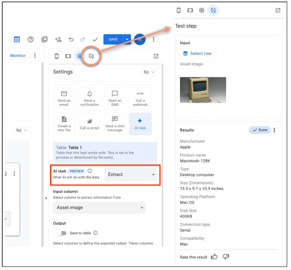 Test de la fonctionnalité d'extraction de tâches AI avec Gemini dans AppSheet