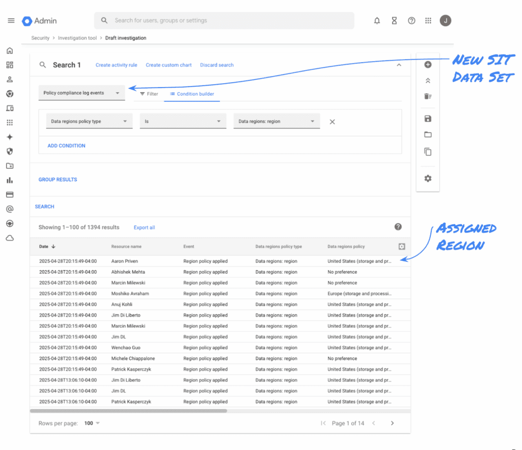 Admin Google Workspace : Événements du journal de conformité des politiques dans l'outil d'enquête de sécurité