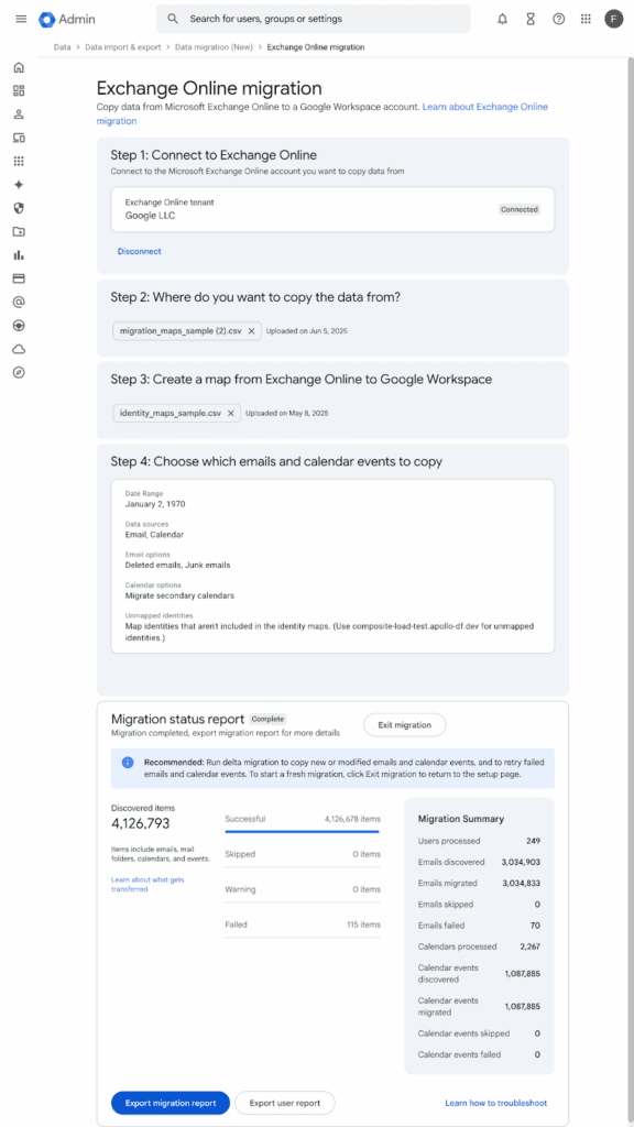 Google Workspace : migrer le contenu des e-mails et du calendrier de Microsoft Exchange Online