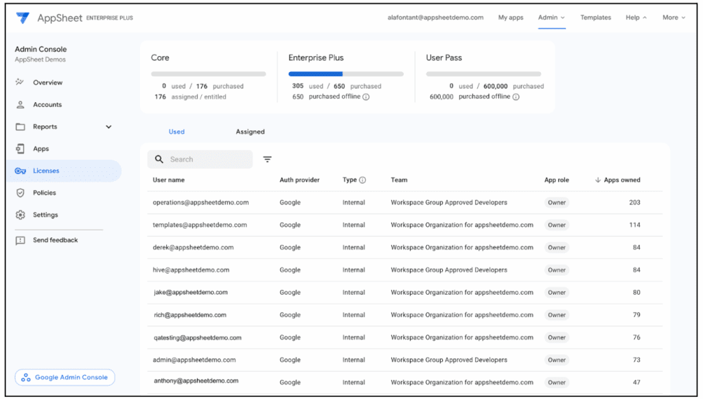 licences AppSheet avec la nouvelle console d'administration