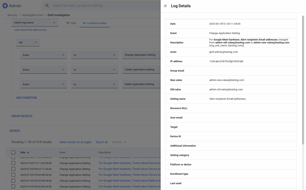 Modifications du journal d'audit pour certains paramètres matériels de Google Meet