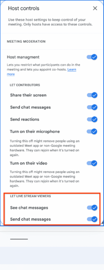 Google Meet : Contrôles de l'hôte > Gestion de l'hôte > « Autoriser les spectateurs de la diffusion en direct… »