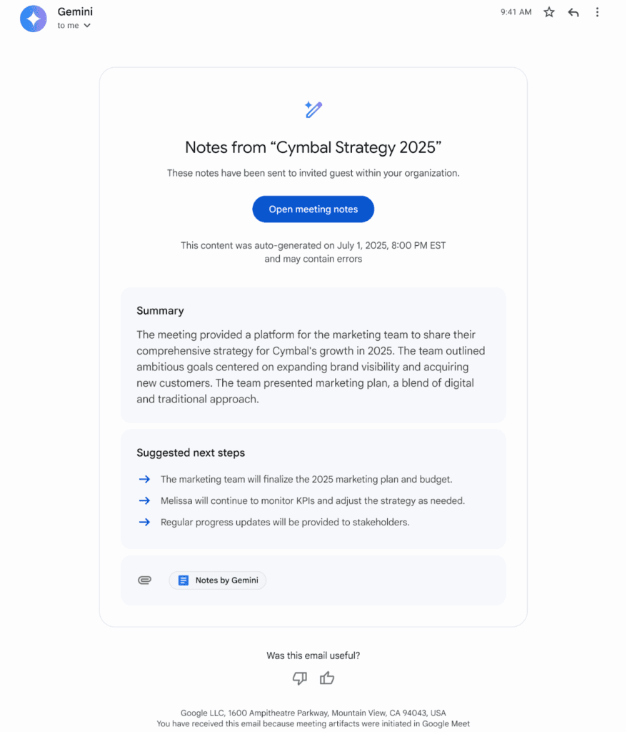 Gmail : notifications Google Meet avec Gemini